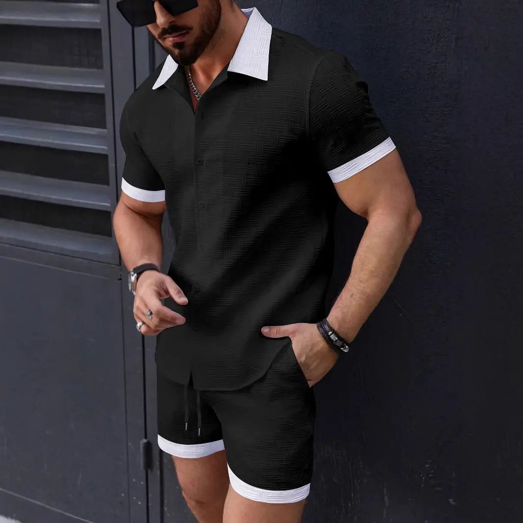 Mens Casual Color-Block Short-Sleeve Shirt And Shorts Beach Set by GJG Denim