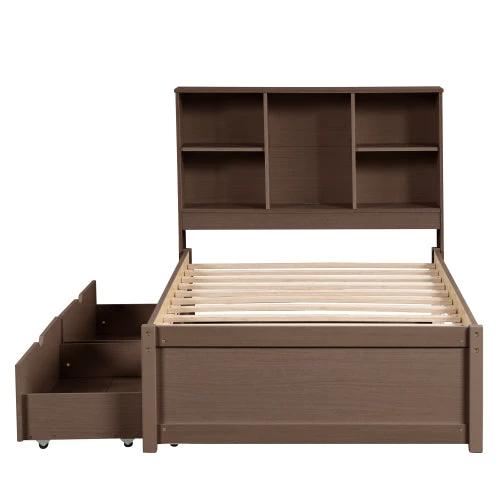 Modern Twin Size Bed Frame With Built-in USB Port On Bookcase Headboard And 2 Drawers Walnut Color by GJG Denim