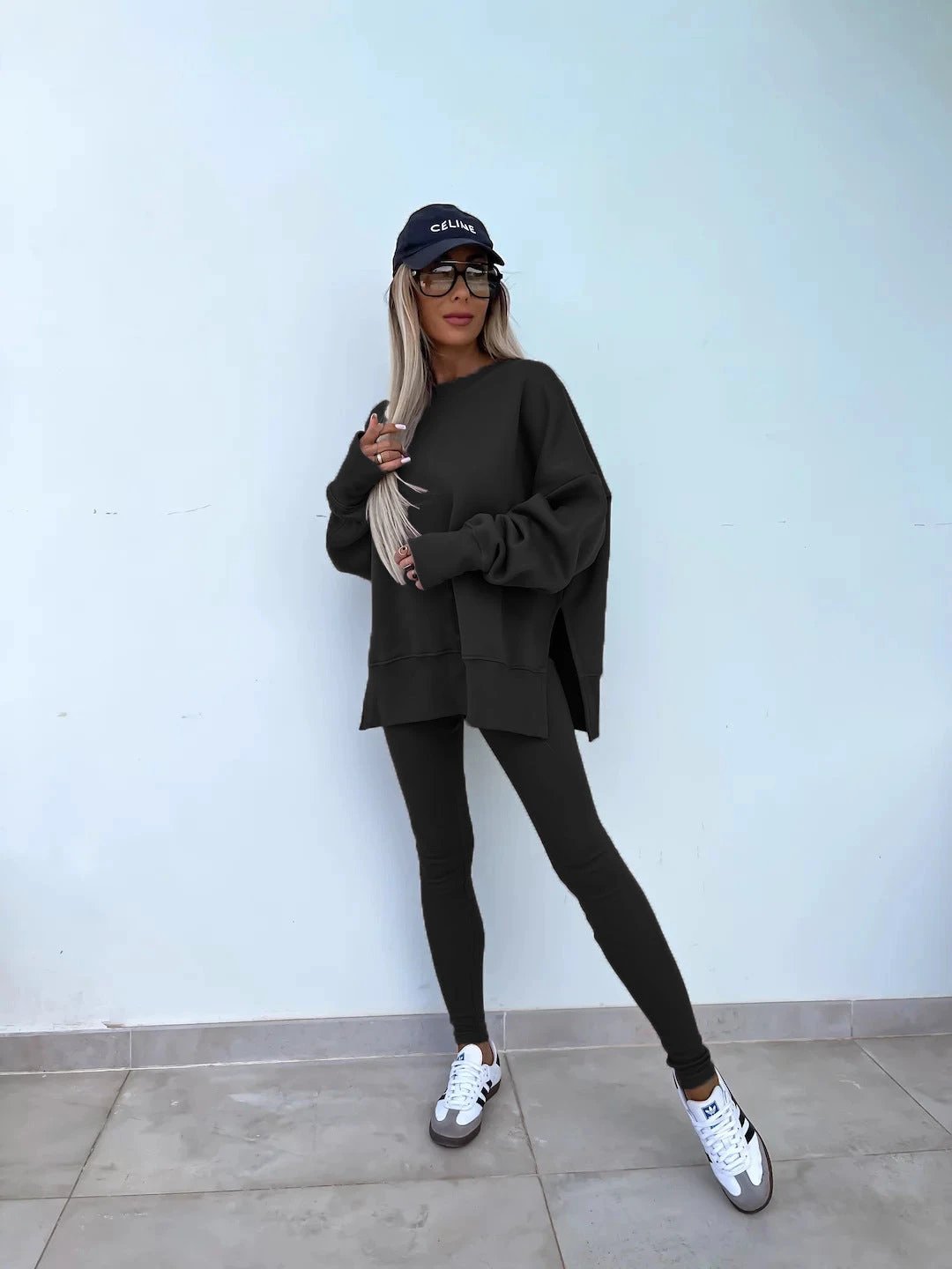 Sweater Suit Women's Casual Loose Long Sleeve Crew Neck Split Top Tight Trousers by GJG Denim