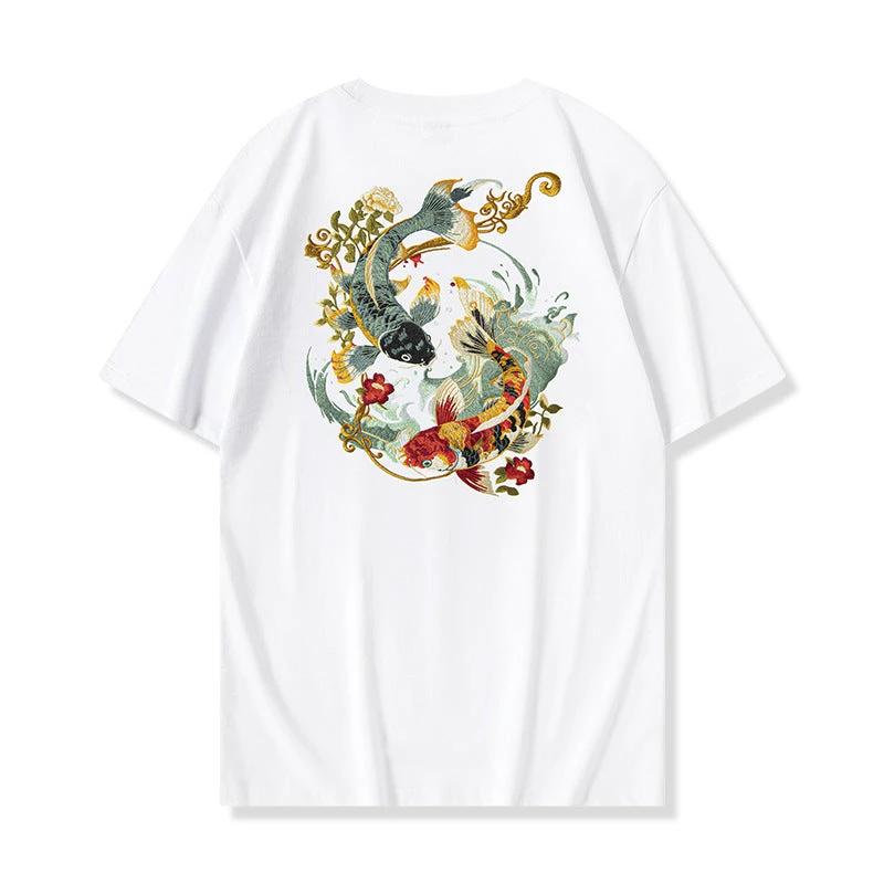 Loose Embroidered Floral Koi Short-sleeved T-shirt For Boys by GJG Denim