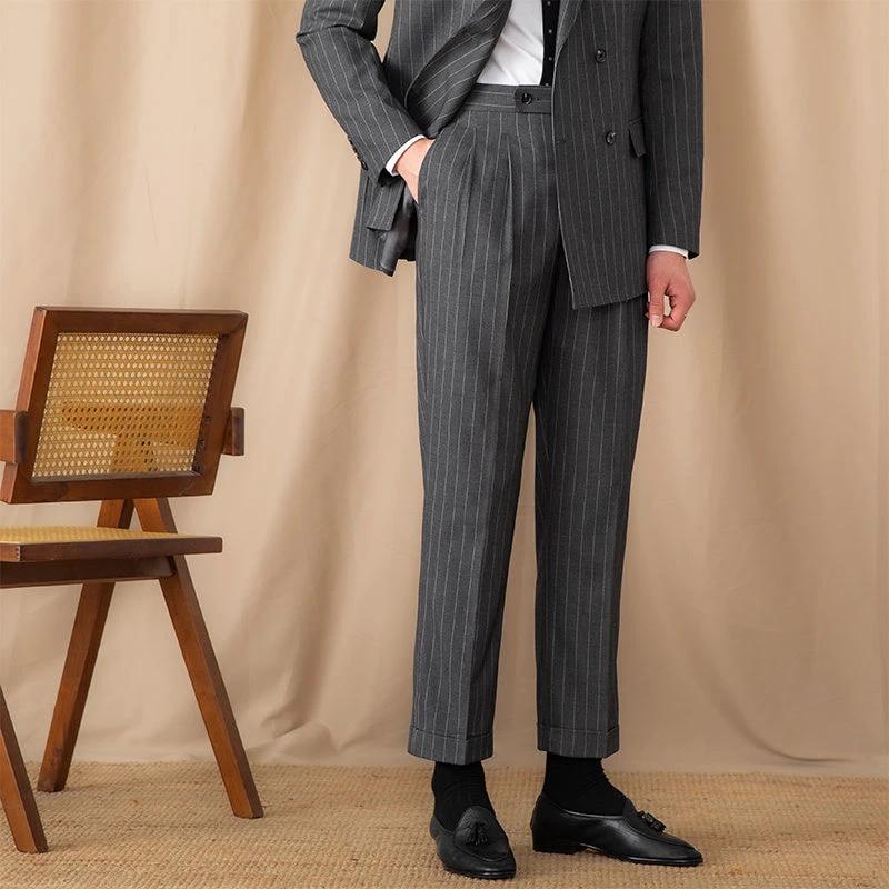 Men's Thin High Waist Straight British Striped Gentry Business Casual Pants by GJG Denim
