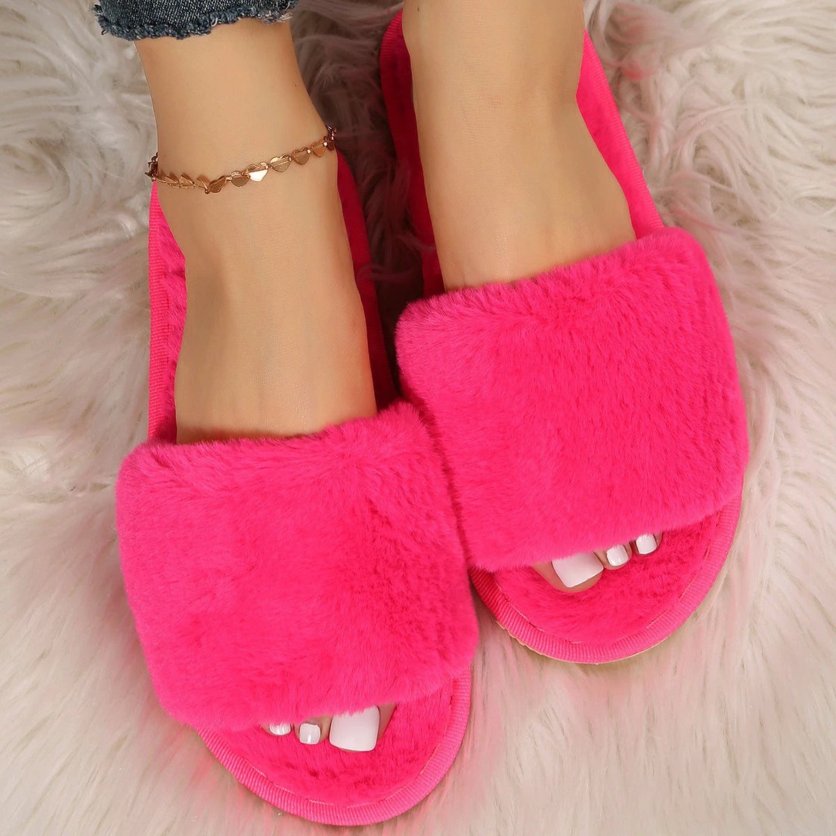 Fluffy Women's Indoor Lazy Plush Slippers Flat Cotton Slippers by GJG Denim
