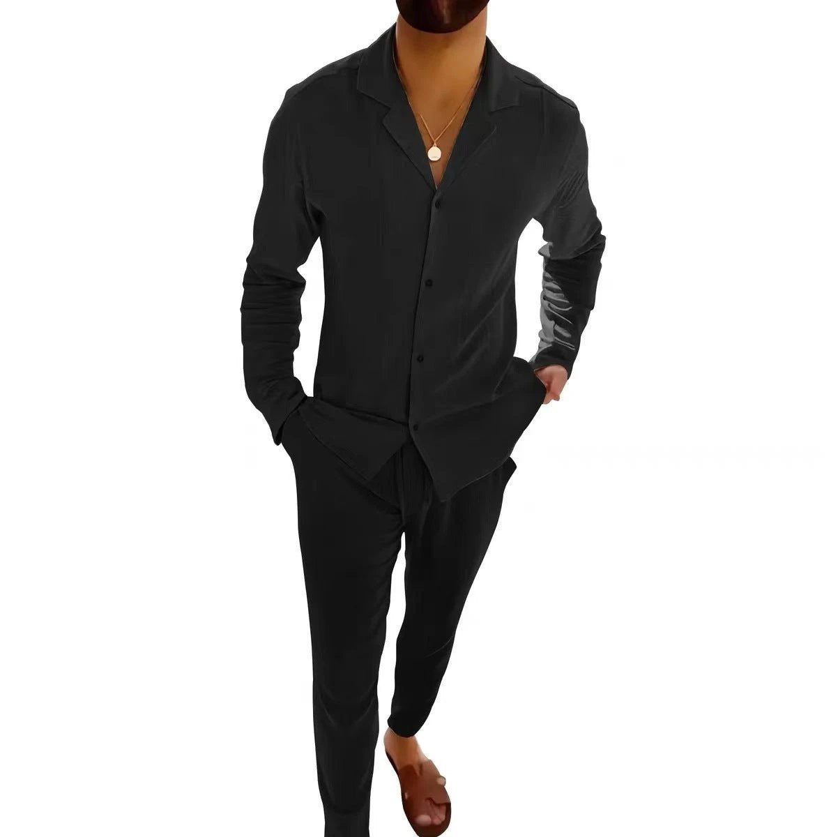 Casual Long-sleeved Suits Fashion Lapel Single-breasted Shirt Top And Slim-fit Trousers Men Clothing by GJG Denim