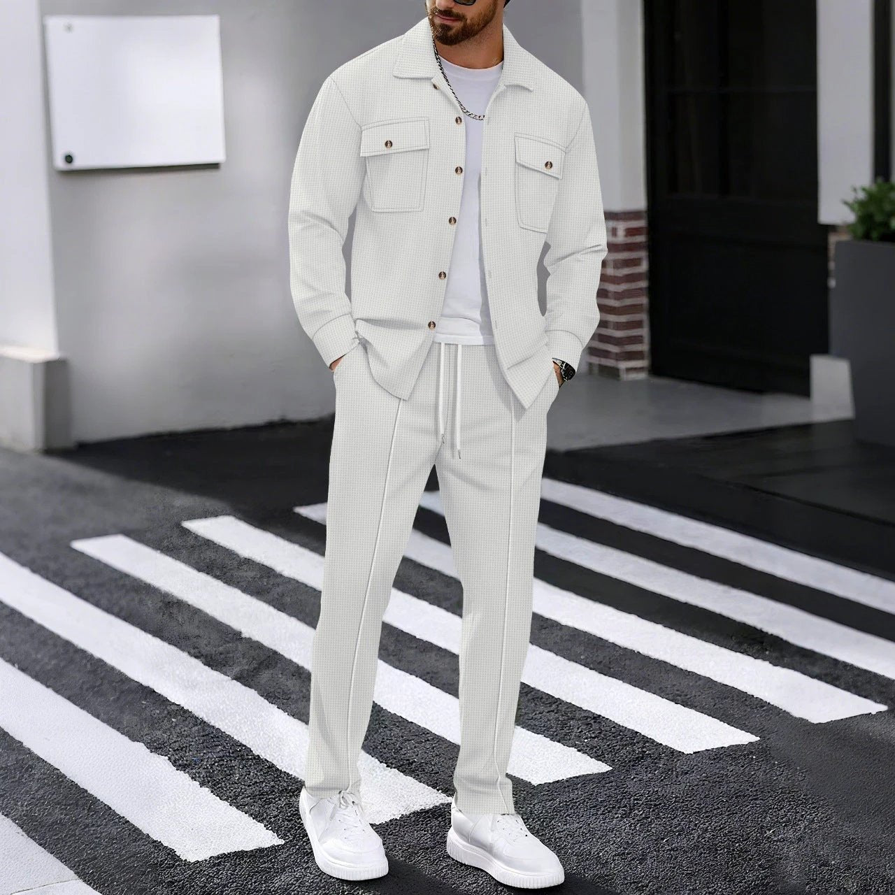Autumn New Waffle Long-sleeved Trousers Two-piece Set Cardigan Shirt Suit by GJG Denim