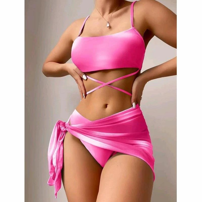 3pcs Tie Dye Print Bikini With Short Skirt Summer Beach Sexy Swimwear Womens Clothing by GJG Denim