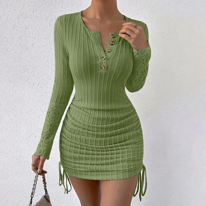Women's Elegant Bodycon Dress - Round Neck With Button Detail, Solid Color Long Sleeve Lace Cuff & Drawstring Hem Holiday Dress by GJG Denim