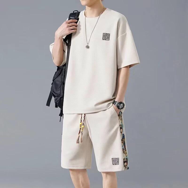 Waffle Embroidery Summer Loose All-match Short Sleeve Two-piece Set by GJG Denim