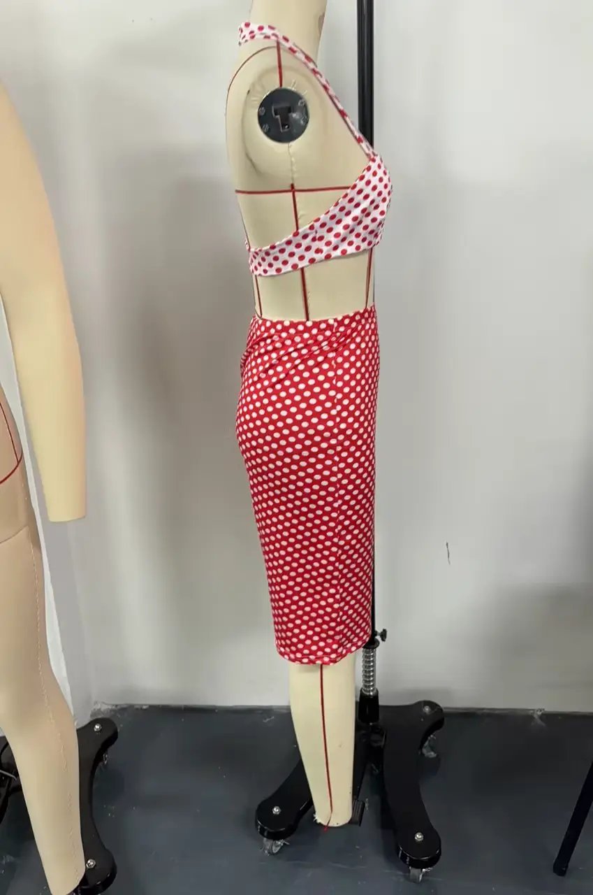 Red Polka Dot Halter Crop Top & High Waist Biker Shorts Set by GJG Denim