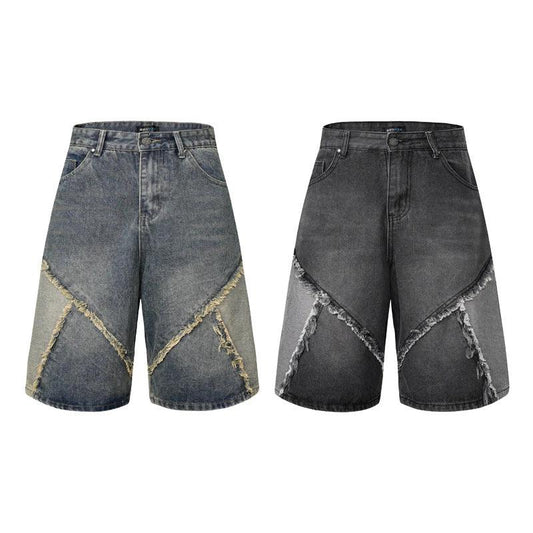Worn Looking Washed-out Multi-colored Rough Edges Denim Shorts High-grade Personality Cropped Pants by GJG Denim