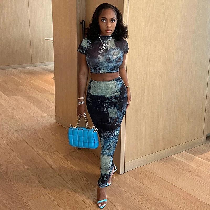 Round Neck Crop Top High Waist Hip Skirt Set by GJG Denim