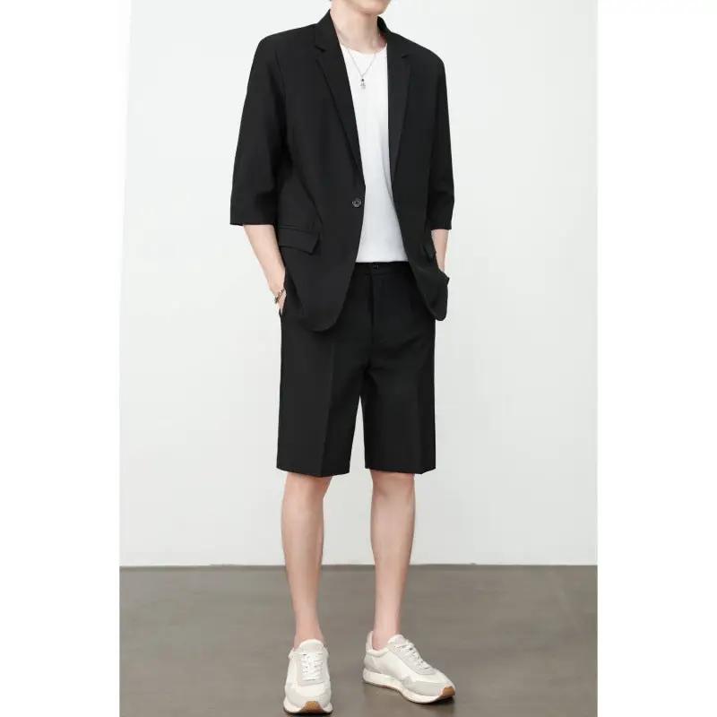 Thin Short-Sleeve Suit Mens Casual Cropped-Sleeve Jacket Half-Sleeve Suit Set by GJG Denim