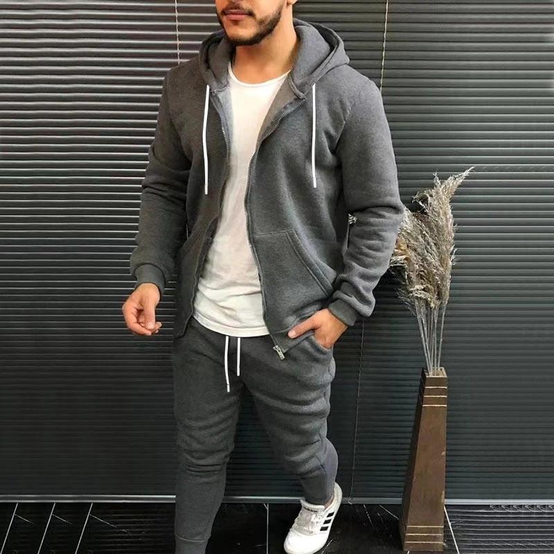 Mens Fashion Solid-Color Casual Hooded Cardigan Set by GJG Denim