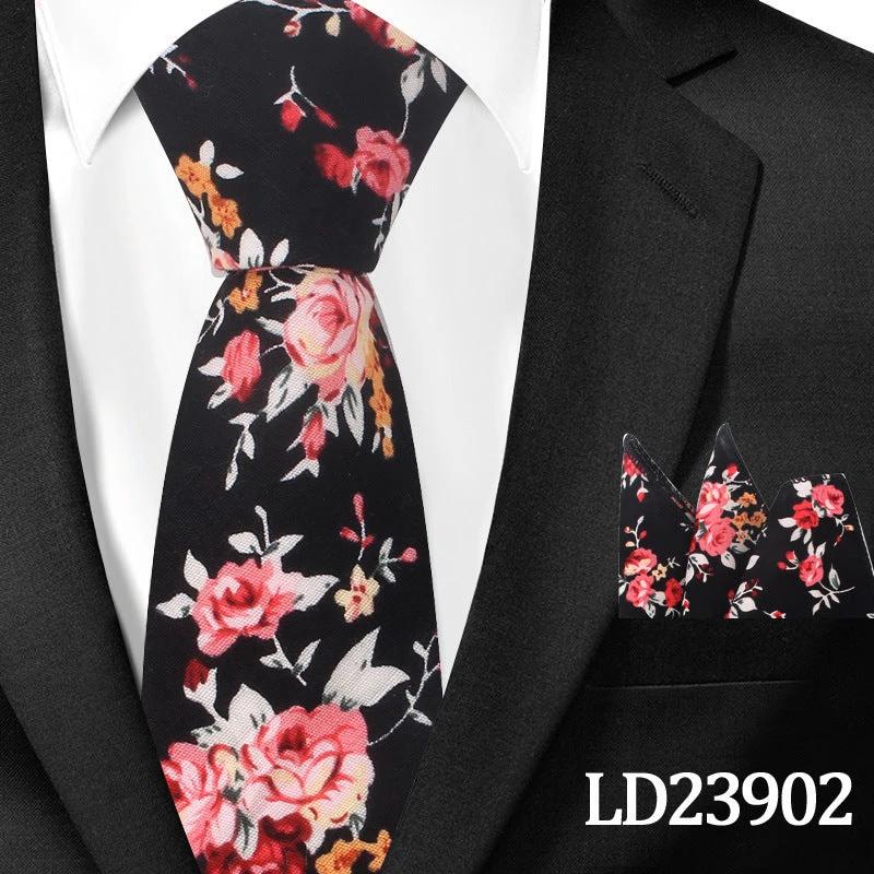 Men's Casual Cotton Floral Print 6cm Tie and Pocket Square by GJG Denim
