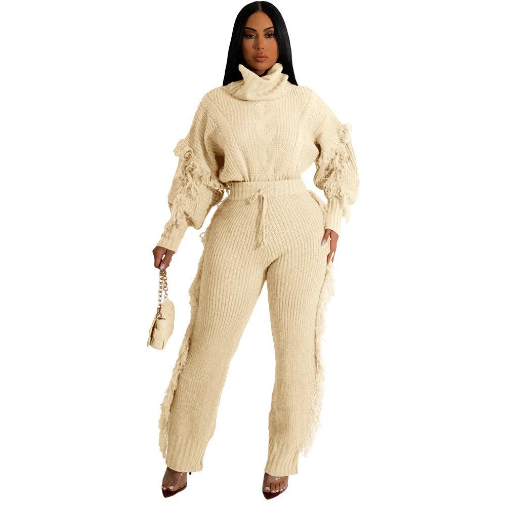 Casual Solid Color Knitted Long Sleeve Turtleneck Tassel Suit by GJG Denim