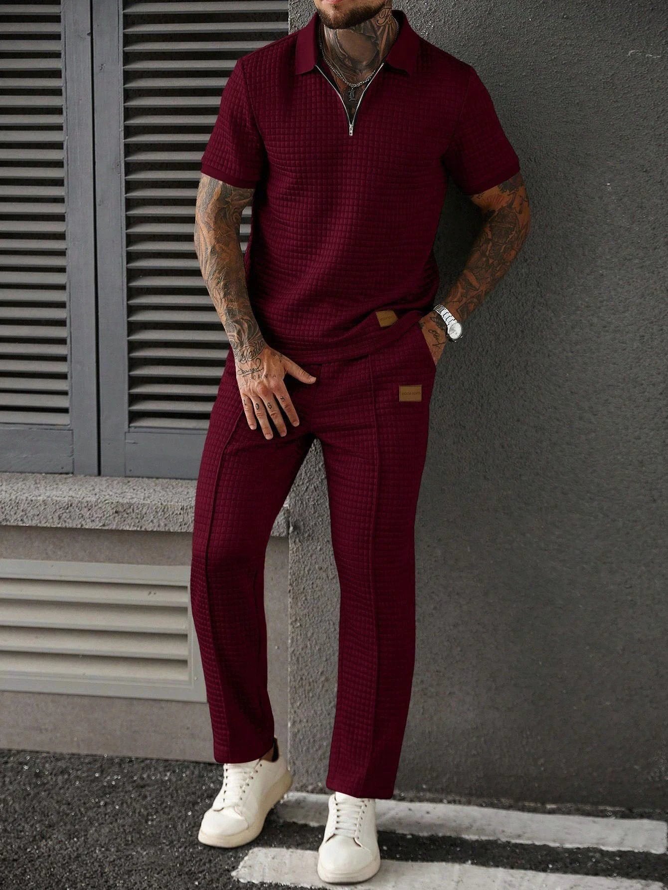 Casual Zip-Up Polo Shirt Top And Pants Two-Piece Set For Men by GJG Denim