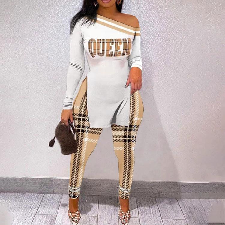 Autumn And Winter New Letter Floral Print Slit Hem Long Sleeve Top Suit Women by GJG Denim