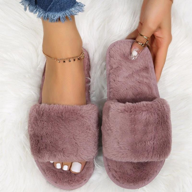 Fluffy Women's Indoor Lazy Plush Slippers Flat Cotton Slippers by GJG Denim