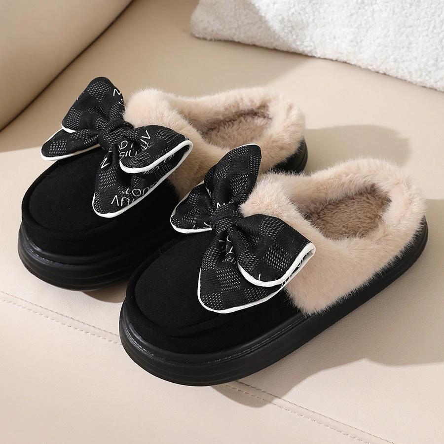 Cute Bowknot Plush Slipper Winter Warm Indoor Floor Bedroom Home Slippers For Women Fashion Thick-soled Solid House Shoes by GJG Denim