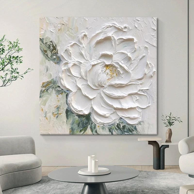 Cream Wind White Peony Flower Thick Texture Hand Drawn Oil Painting Hanging Painting by GJG Denim