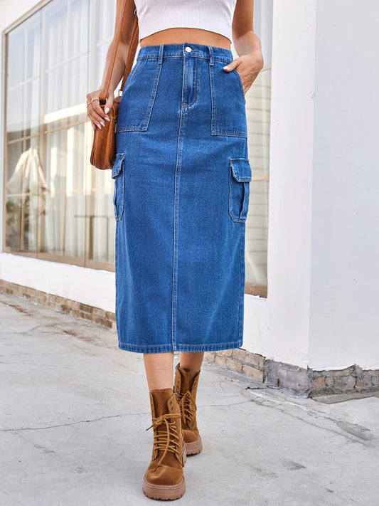 Slit Midi Denim Skirt with Pockets by Lady Ros