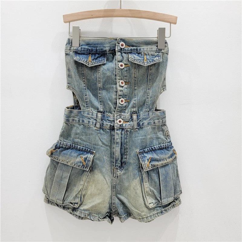 Hot Girl Breasted Hollow-out Midriff Tube Top Cowboy Siamese Shorts For Women by GJG Denim