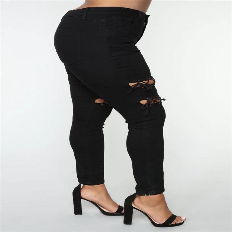 Women's Plus Size Fashion Eyelet Strap Jeans by GJG Denim