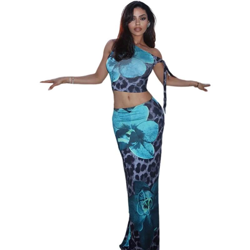 Contrast Color Leopard Print Flower Print Sleeveless Midriff-baring Long Dress Suit by GJG Denim