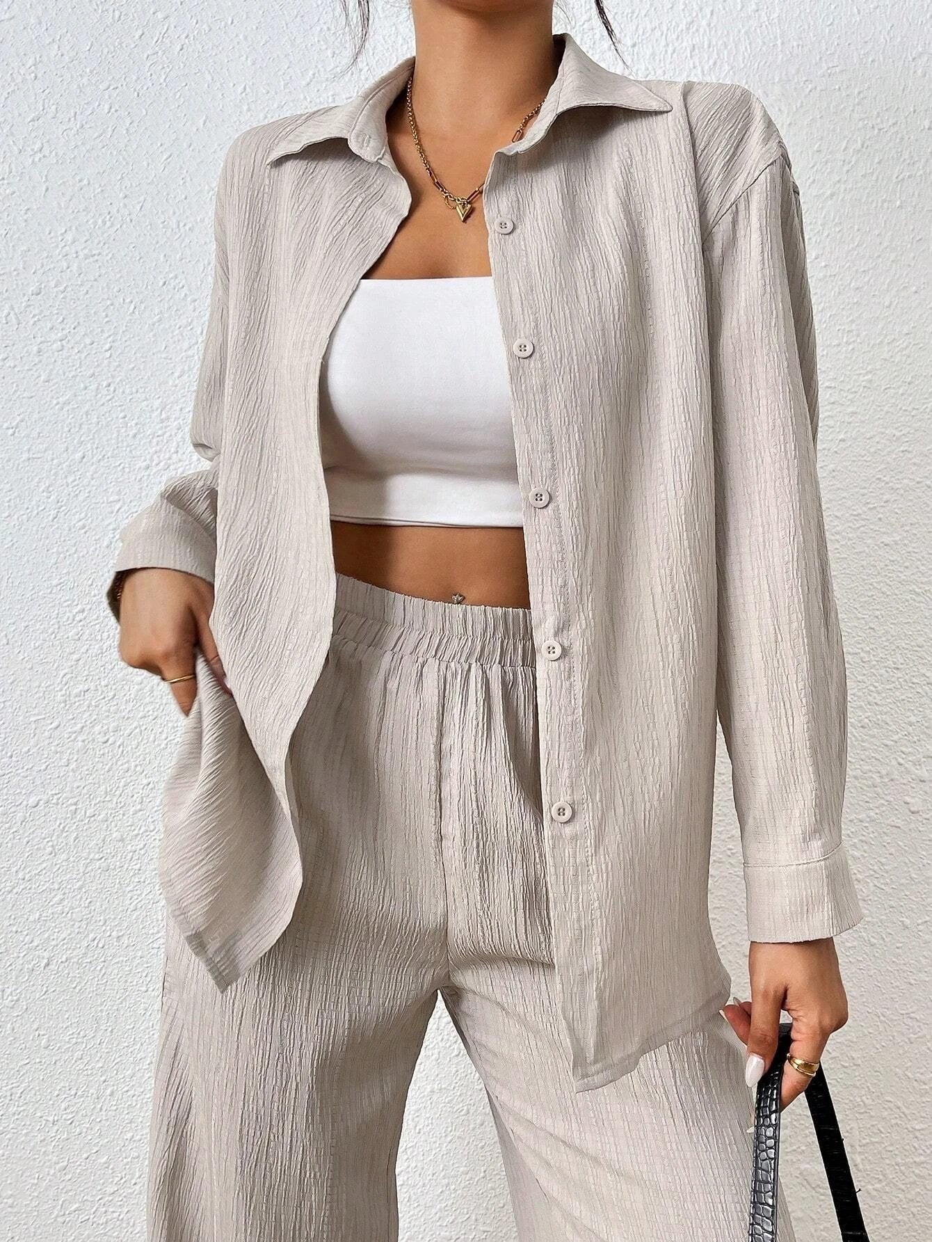 Solid Color Long Sleeved Shirt And Pants Set by GJG Denim