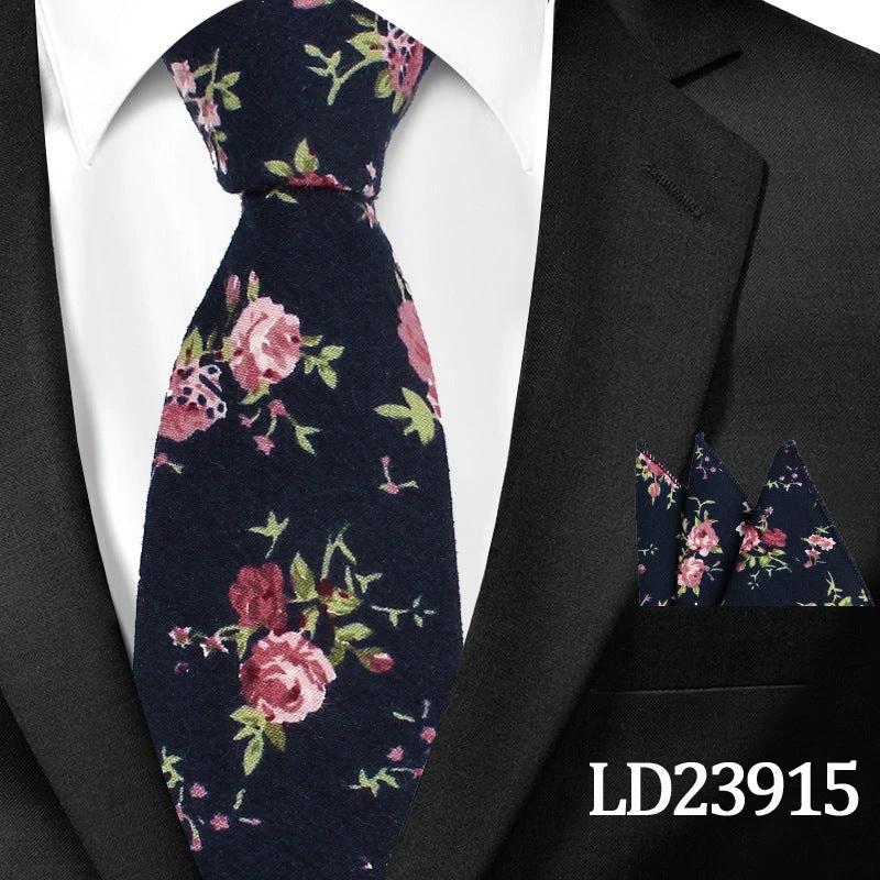 Men's Casual Cotton Floral Print 6cm Tie and Pocket Square by GJG Denim