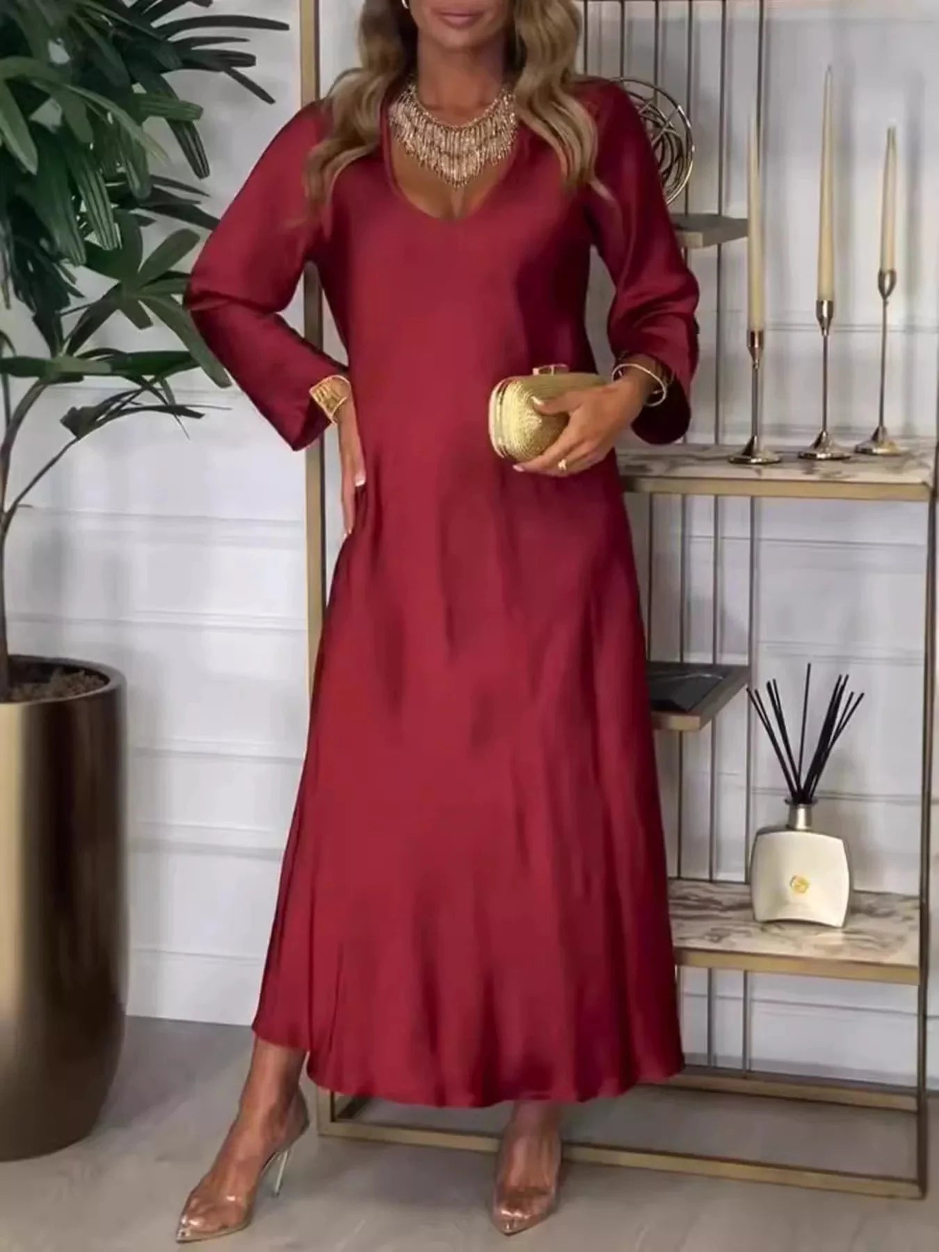 Full Size V-Neck Long Sleeve Midi Dress Plus Size by Lady Ros