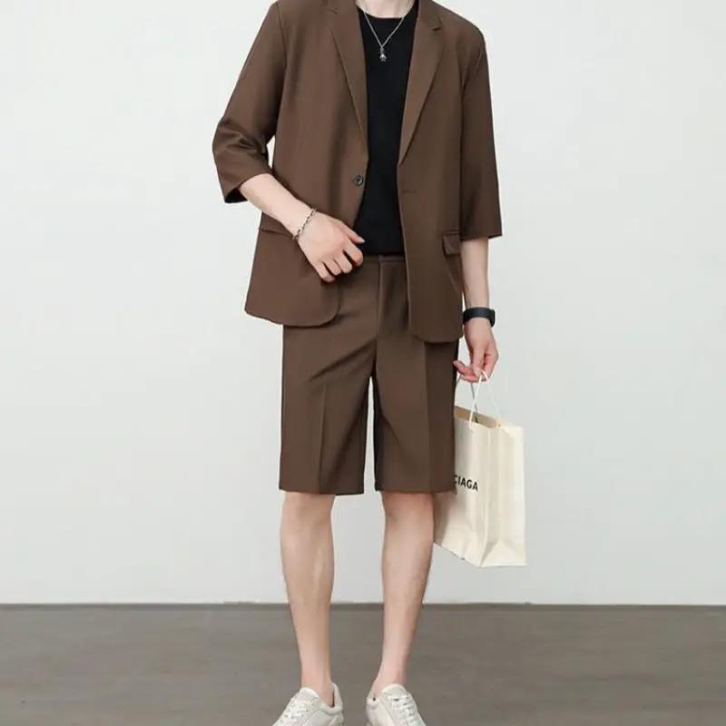 Thin Short-Sleeve Suit Mens Casual Cropped-Sleeve Jacket Half-Sleeve Suit Set by GJG Denim