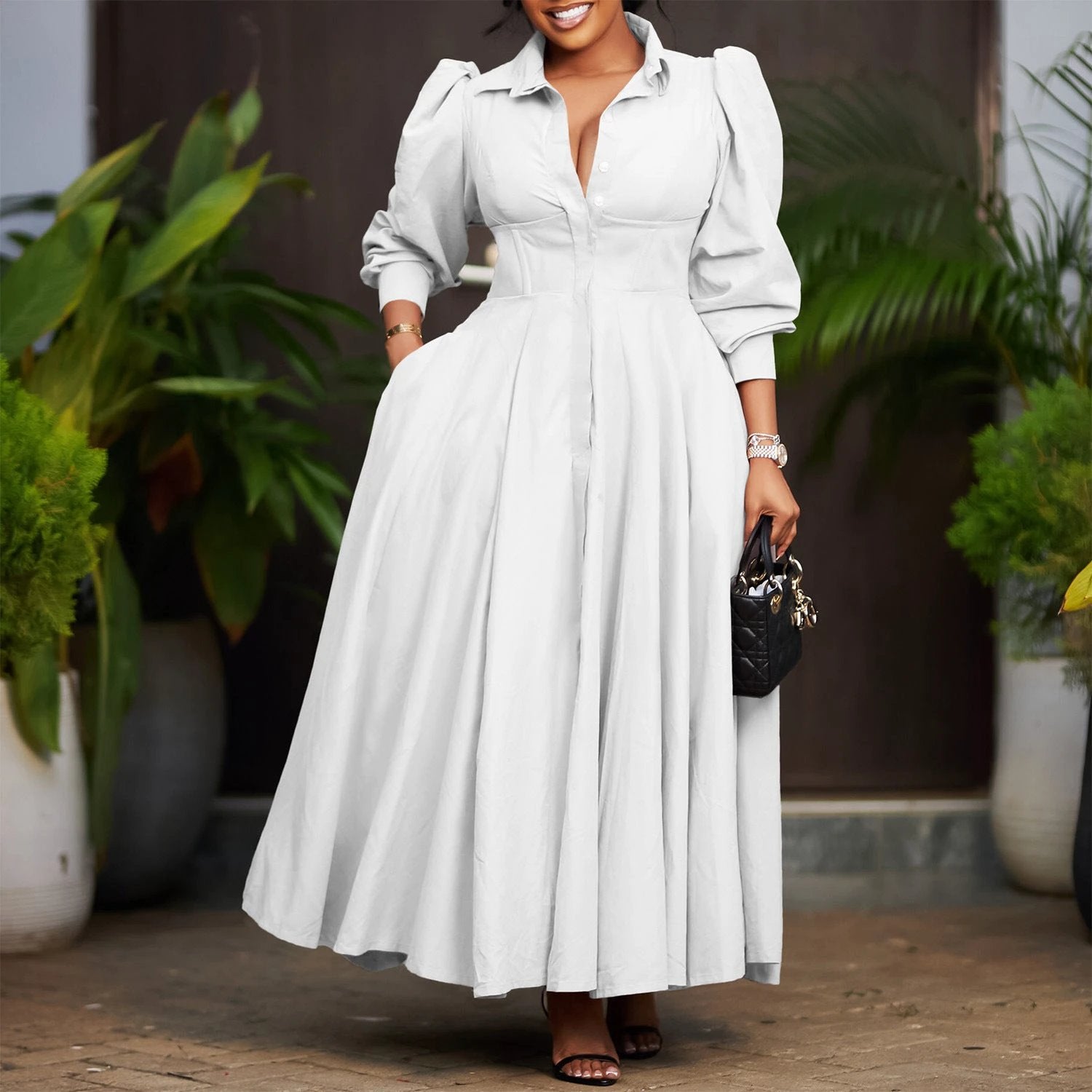 Women's Elegant Long Sleeve Big Hem Shirt Solid Color Dress by GJG Denim