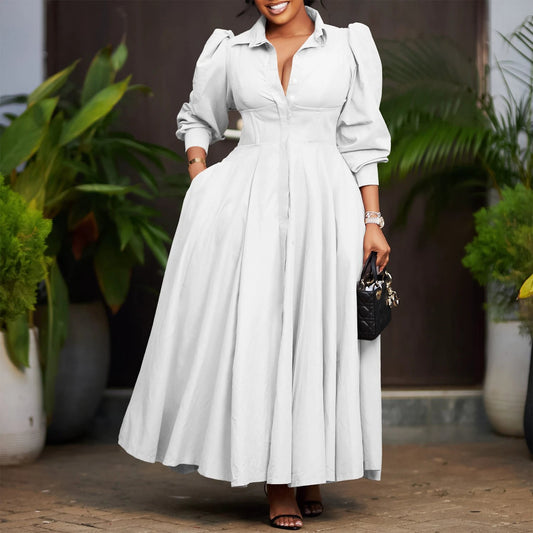 Women's Elegant Long Sleeve Big Hem Shirt Solid Color Dress by GJG Denim