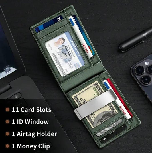 Airtag Wallet For Men, Minimalist Front Pocket With Aritag Holder, Genuine Leather Bifold Slim, RFID Blocking Up To 11cards -Air Tag Not Included by GJG Denim