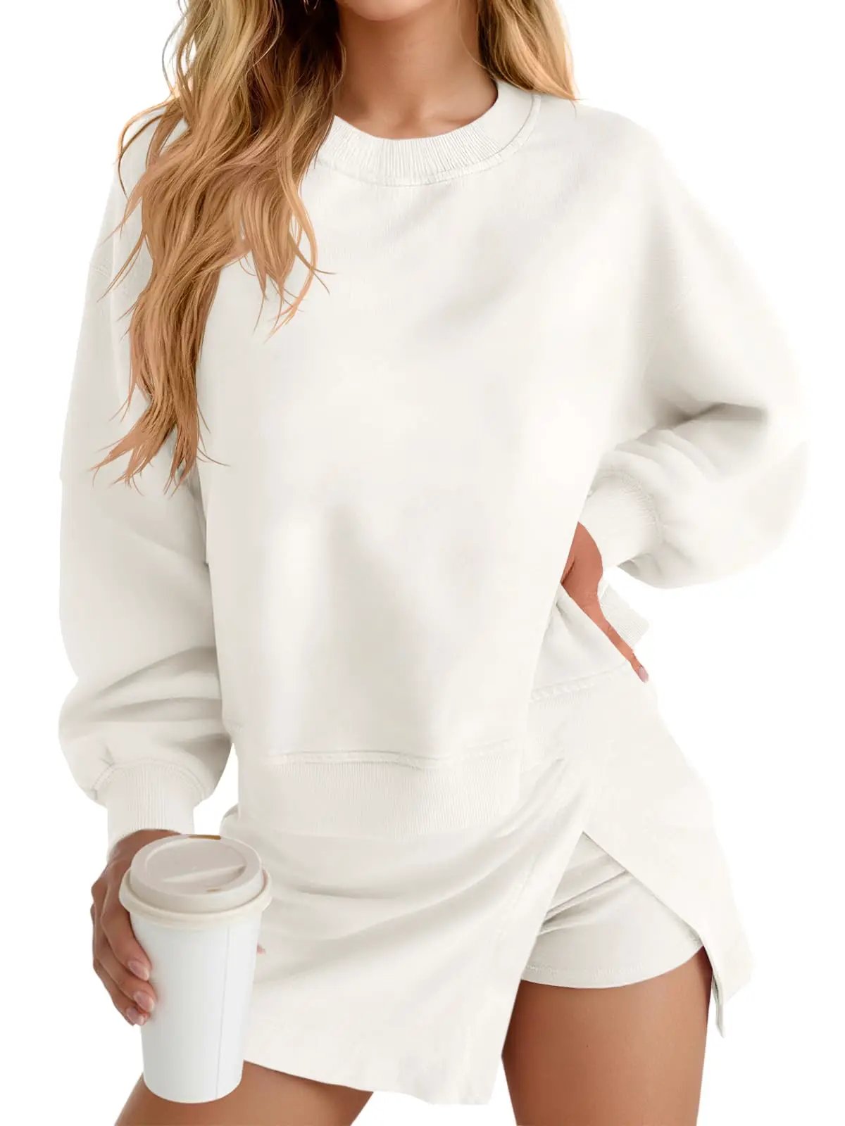 Fisoew 2 Piece Sets For Women Cotton Workout Sets Sweatshirt Top High Waisted Lined Split Athletic Skirt Set by GJG Denim