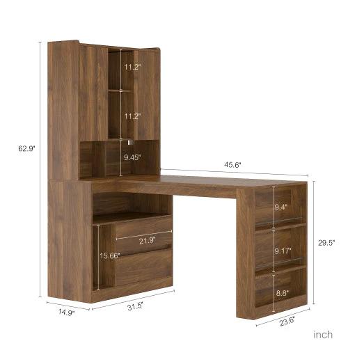 L Shaped Desk,Computer Desk With Drawers, Bookshelf, with LED Light, Modern Corner Desk by GJG Denim