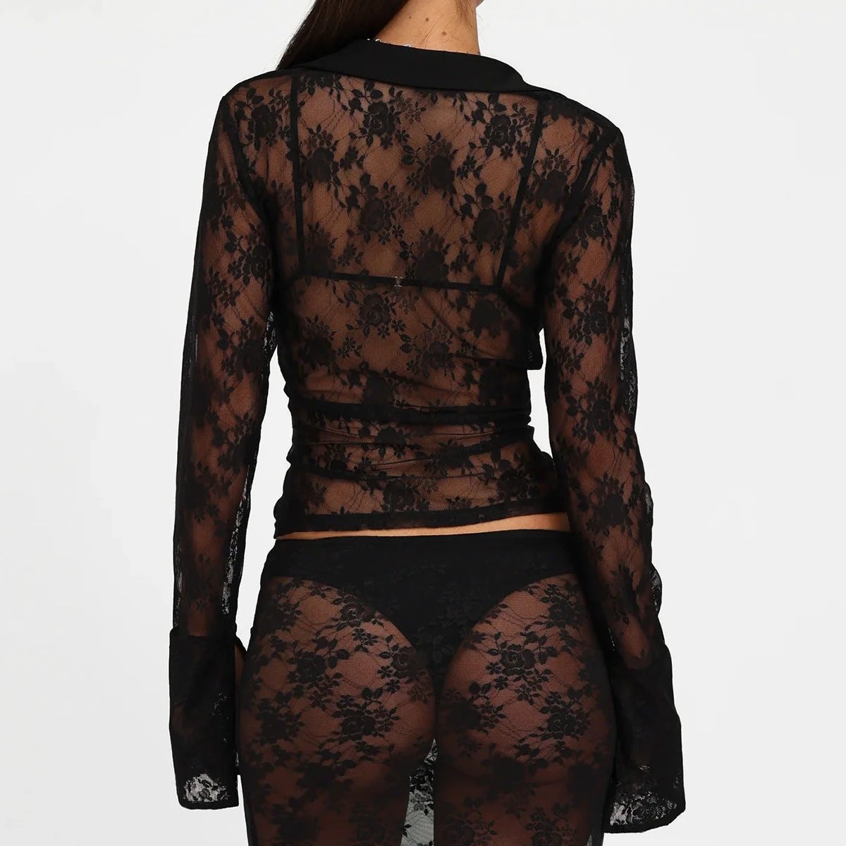 V Hot Girl Style Hollow Lace Cardigan Long Sleeve Top Women's Clothing by GJG Denim