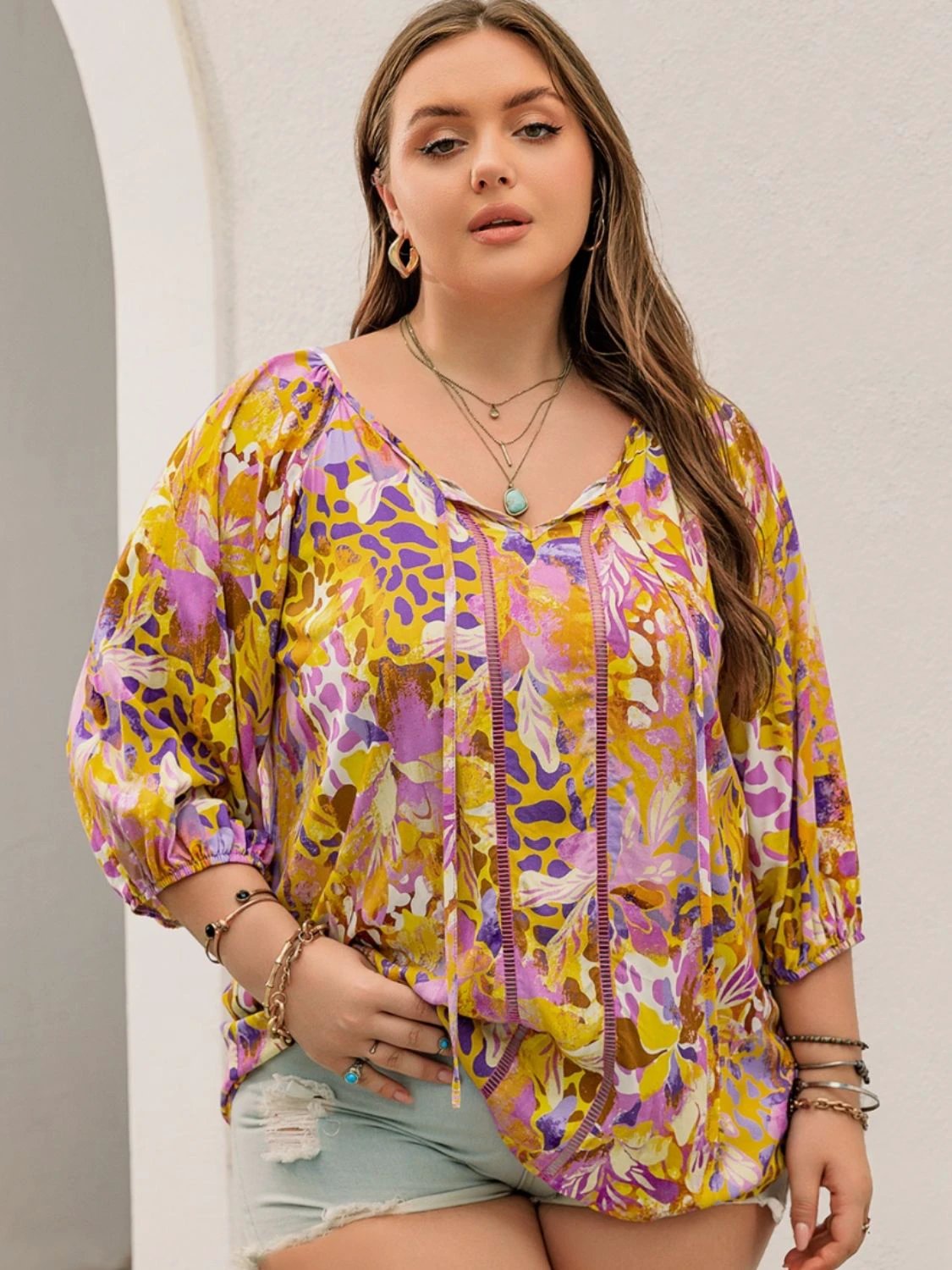 Plus Size Printed Tie Neck Blouse by Lady Ros