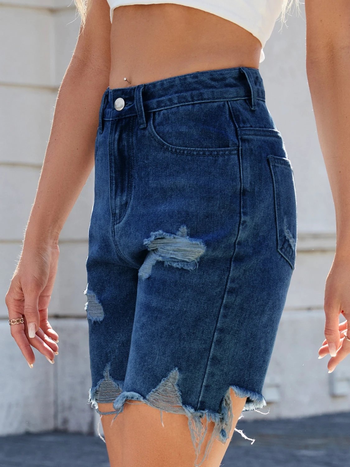Distressed Raw Hem Denim Shorts by Lady Ros
