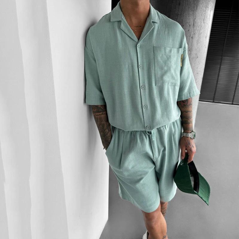 Casual Polo Collar Pocket Loose Short Sleeve Shirt Shorts Suit by GJG Denim