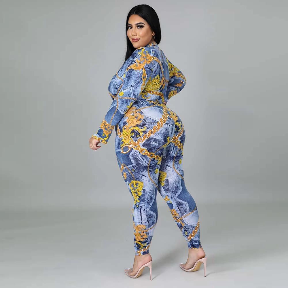 Plus Size Women's Autumn New Fashion V-neck Printed Shirt Trousers Suit by GJG Denim