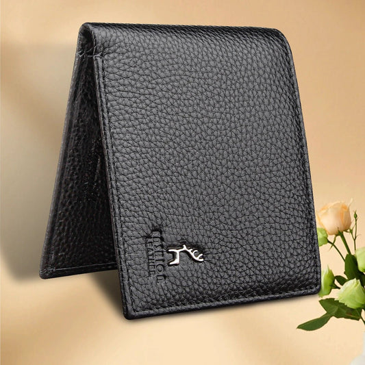 Black Men's Genuine Leather Wallet Cowhide Short Bifold by GJG Denim