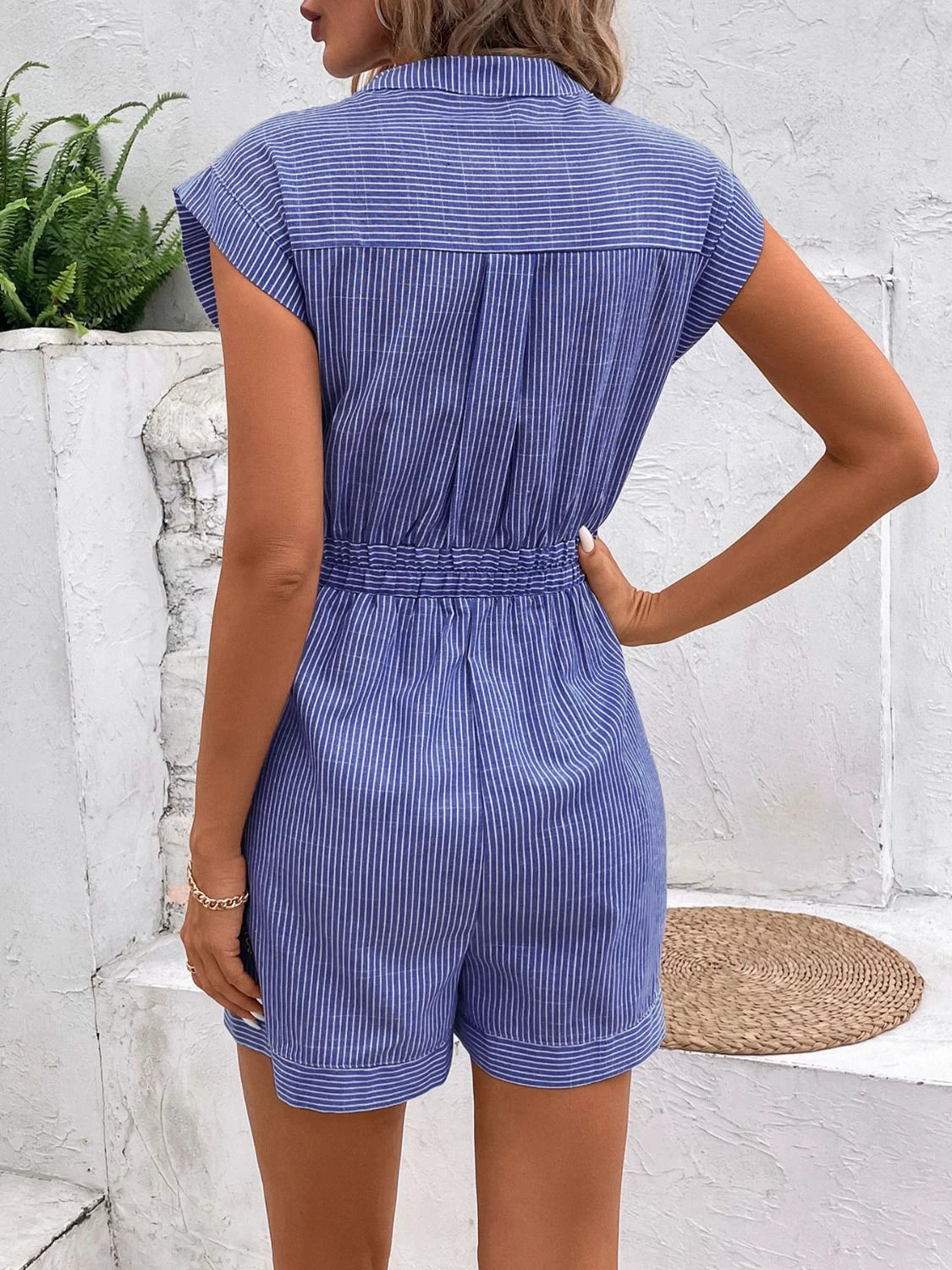 Striped Notched Tie Waist Romper by Lady Ros