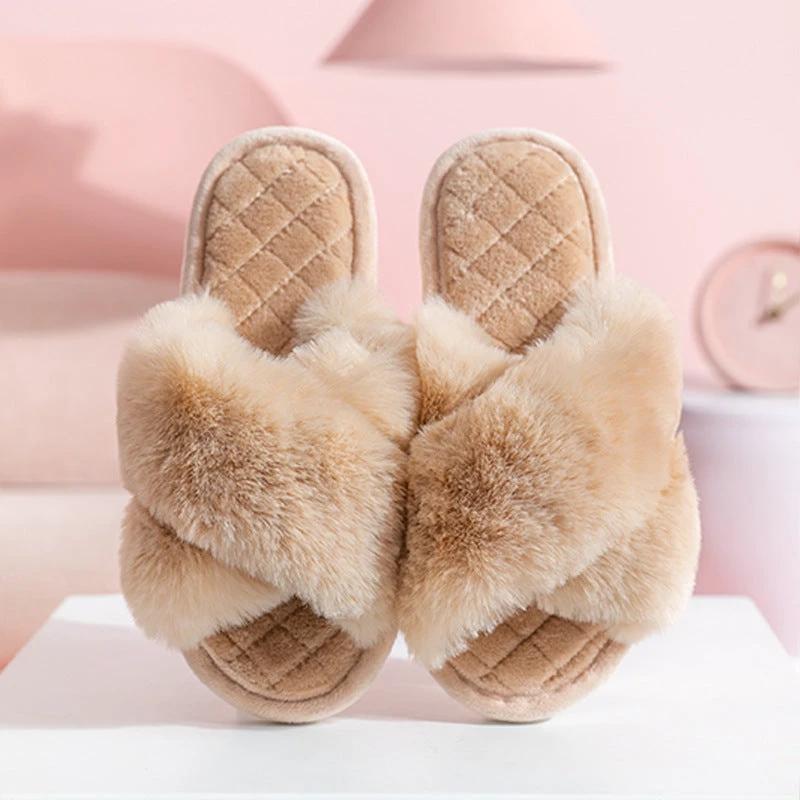 Cross-strap Furry Slippers Warm House Shoes For Women Winter Casual Flip Flops Fluffy Shoes Slides Soft Plush Home Indoor Slippers by GJG Denim
