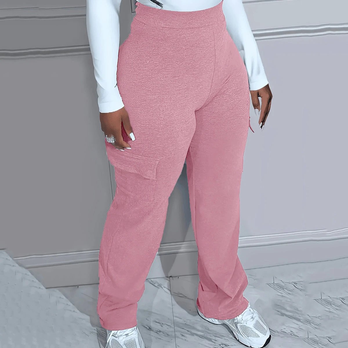 Plus Size Solid Color Simple cargo Knitted Women's Trousers by GJG Denim