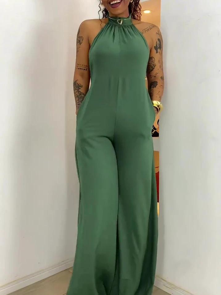 Green Halter-neck Backless Jumpsuit by GJG Denim