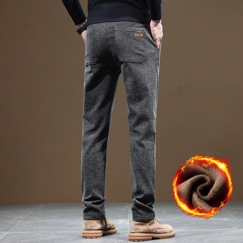 Men's Slim Fit Straight Fleece-lined Thick Business Casual Pants by GJG Denim