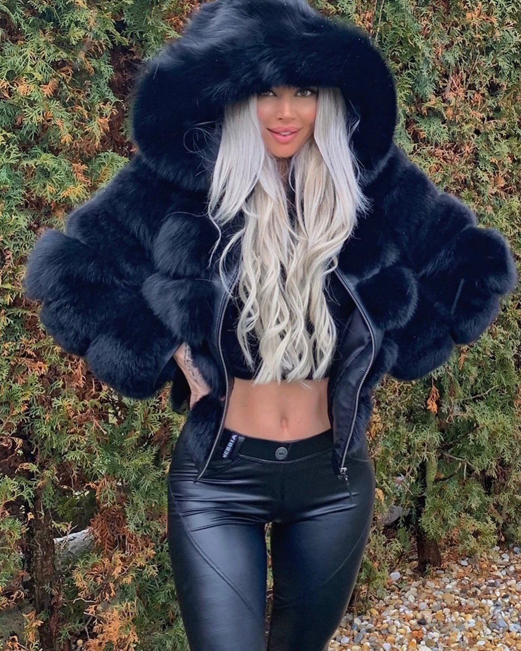 Women's Fashion Long Sleeve Solid Color Faux Fur Jacket Hooded Coat by null