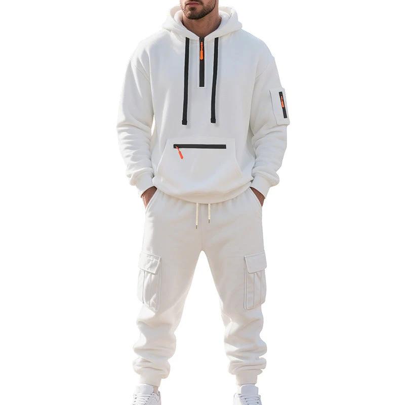 Men's Loose Sports And Leisure Suit Sweater Fleece-lined Hoodie Set Zipper Multi-Pocket Pullover Men's Sports Casual Top Two-piece Set by GJG Denim