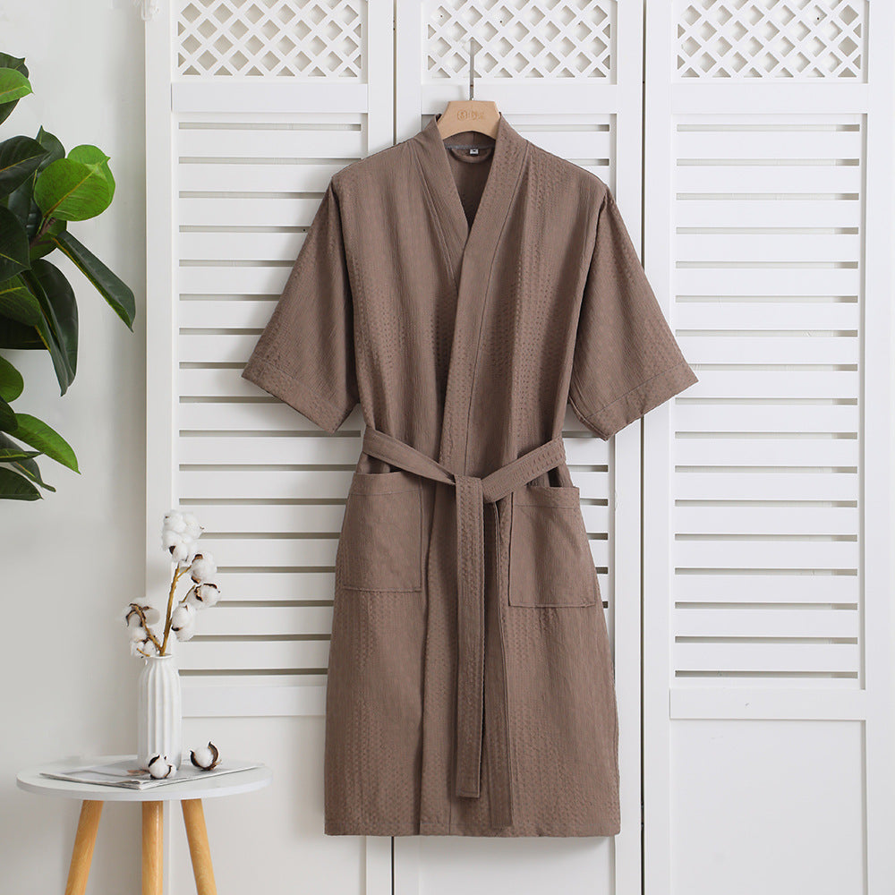 Cotton Single-layer Yarn Cropped Sleeves Mid-length Bathrobe by GJG Denim